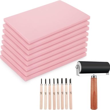 8PCS 4x6 Inch Linoleum Carving Blocks for Printmaking, Rubber Linocut Block Stamp Making Kit with Wood Carving Tools and Rubber Brayer Roller, Soft Stamp Carving Kit for DIY Crafts