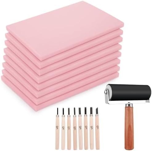 8PCS 4x6 Inch Linoleum Carving Blocks for Printmaking, Rubber Linocut Block Stamp Making Kit with Wood Carving Tools and Rubber Brayer Roller, Soft Stamp Carving Kit for DIY Crafts - Image 2