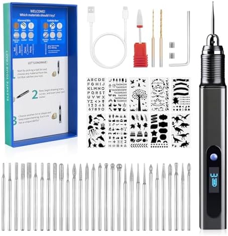 Engraving Pen Kit Rechargeable Cordless Engraver Pen with 33 Bits, 10 Stencils, Mini DIY Electric Etching Machines Rotary Tool for Carving Jewelry Stone Wood Glass Metal Plastic
