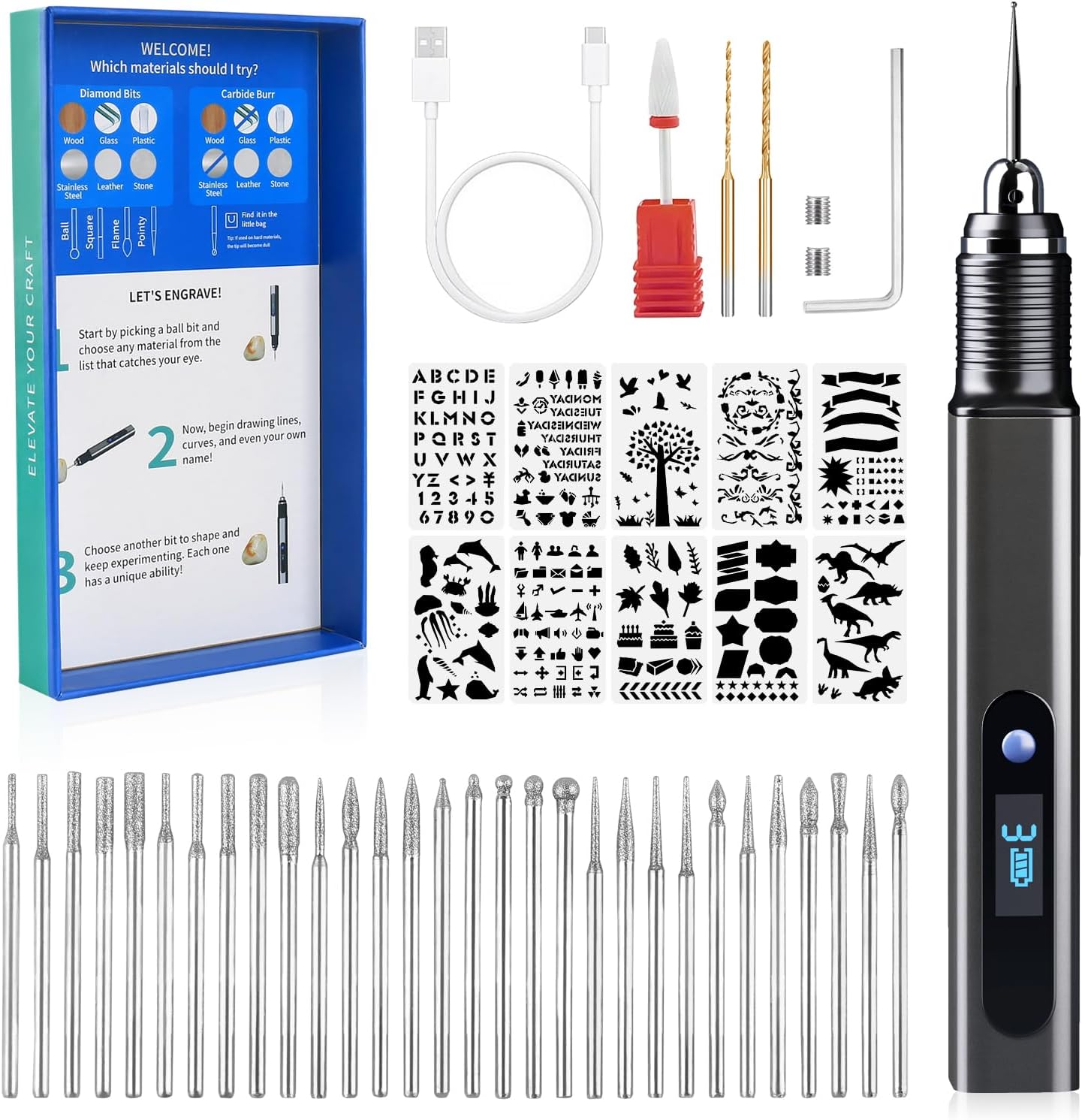 Engraving Pen Kit Rechargeable Cordless Engraver Pen with 33 Bits, 10 Stencils, Mini DIY Electric Etching Machines Rotary Tool for Carving Jewelry Stone Wood Glass Metal Plastic - Image 9